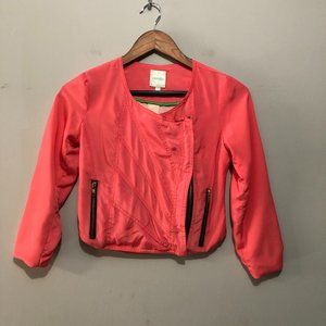 Chord 3/4 Sleeve Cropped Jacket w/ Asymmetrical Zip Closure & Pockets Pink XS